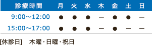 診療時間　9:00～12:00　15:00～17:00　[休診日]　木曜・日曜・祝日